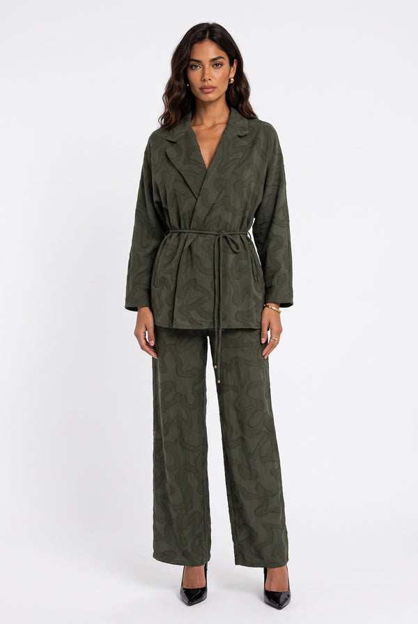 Shawl Collar Belted Patterned Jacket Trousers Set Khaki