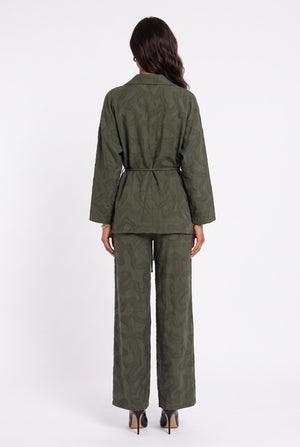 Shawl Collar Belted Patterned Jacket Trousers Set Khaki