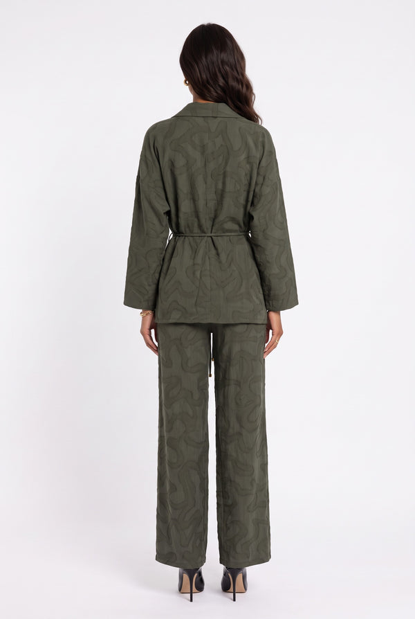 Shawl Collar Belted Patterned Jacket Trousers Set Khaki