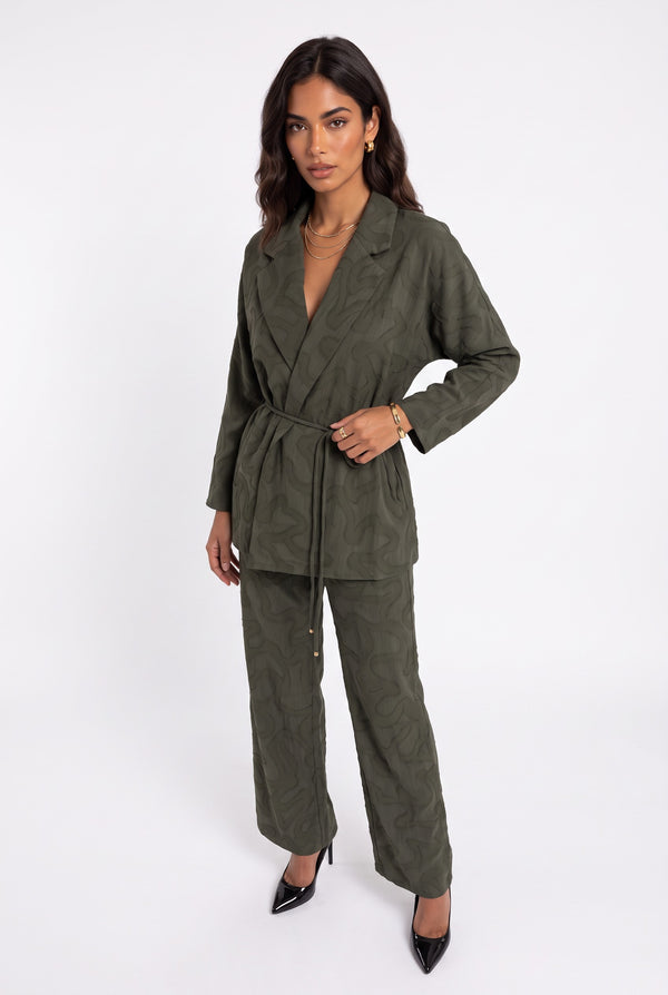 Shawl Collar Belted Patterned Jacket Trousers Set Khaki