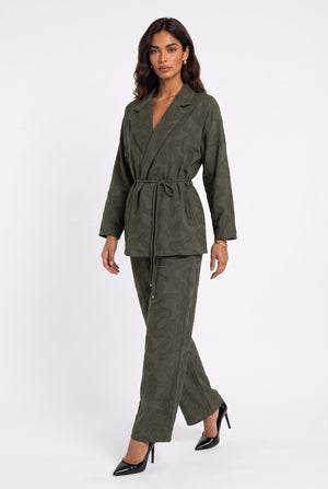 Shawl Collar Belted Patterned Jacket Trousers Set Khaki