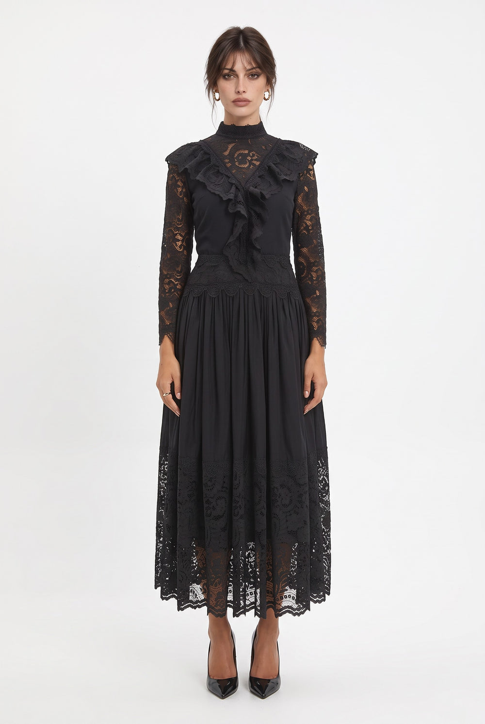 High Neck Lace Ruffled Long Dress Black