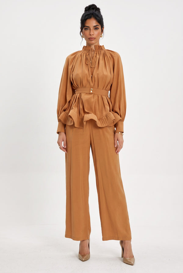 Ruffle Detail Belted Blouse and Pants Set Camel