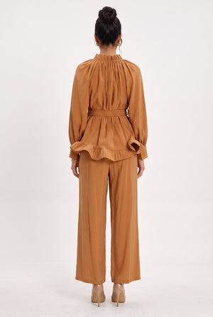 Ruffle Detail Belted Blouse and Pants Set Camel
