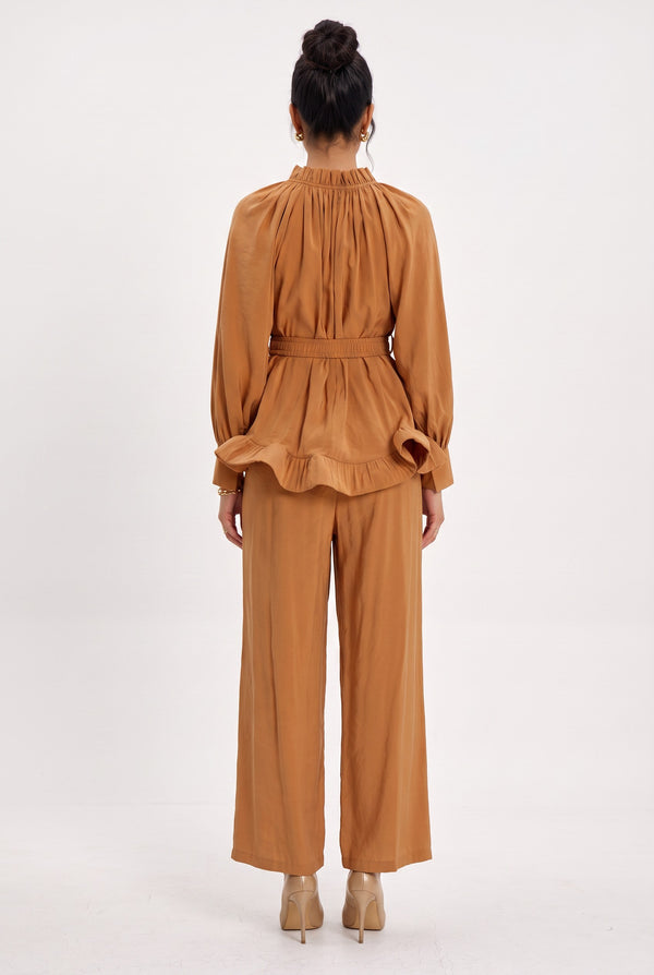 Ruffle Detail Belted Blouse and Pants Set Camel