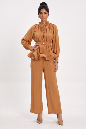 Ruffle Detail Belted Blouse and Pants Set Camel