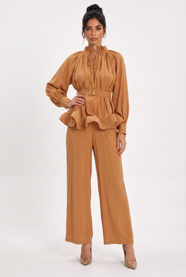 Ruffle Detail Belted Blouse and Pants Set Camel