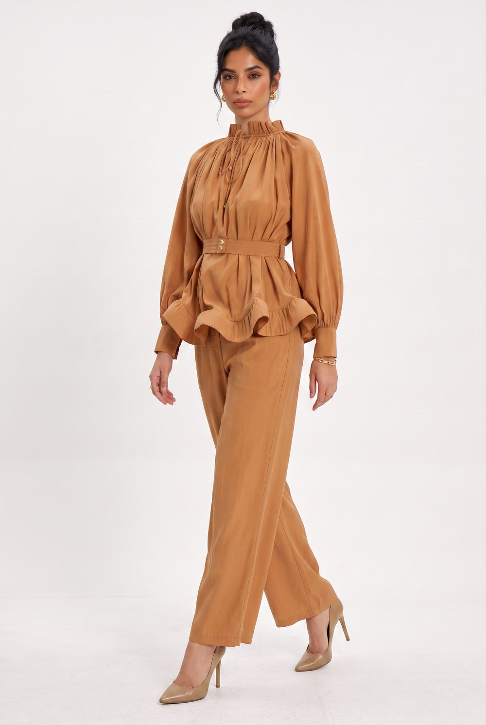 Ruffle Detail Belted Blouse and Pants Set Camel