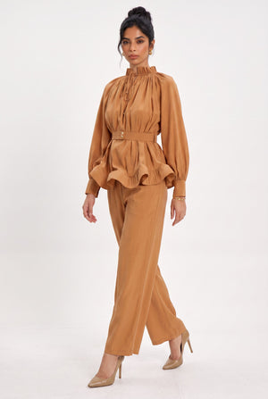 Ruffle Detail Belted Blouse and Pants Set Camel