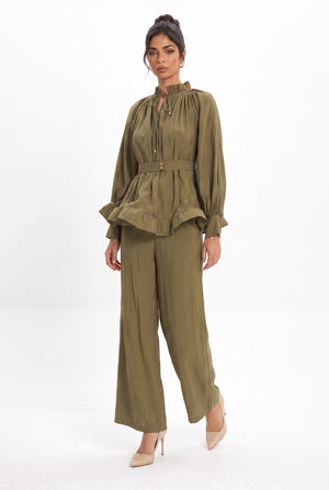 Ruffle Detailed Belted Blouse and Pants Set Dark Khaki