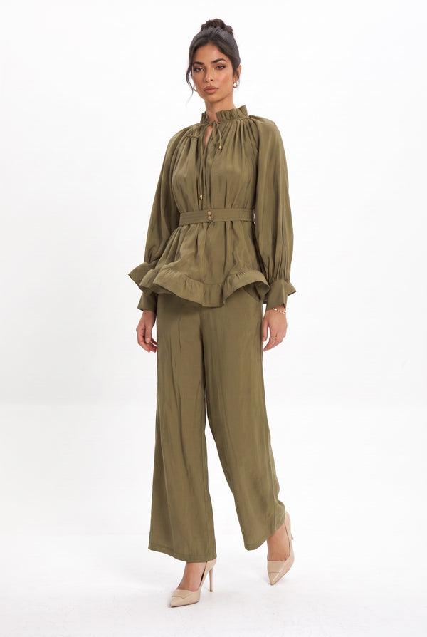 Ruffle Detailed Belted Blouse and Pants Set Dark Khaki