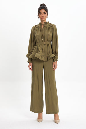 Ruffle Detailed Belted Blouse and Pants Set Dark Khaki