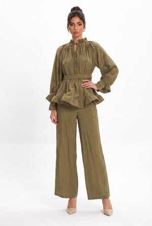 Ruffle Detailed Belted Blouse and Pants Set Dark Khaki