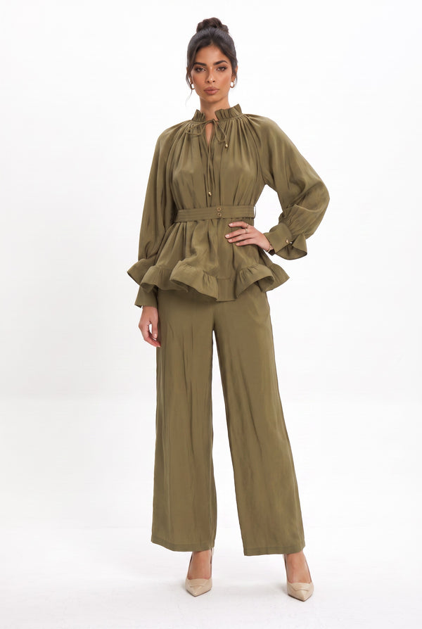 Ruffle Detailed Belted Blouse and Pants Set Dark Khaki