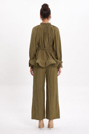 Ruffle Detailed Belted Blouse and Pants Set Dark Khaki
