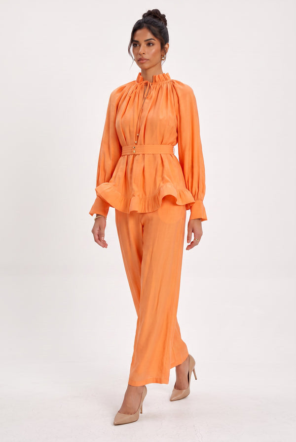 Ruffle Detailed Belted Blouse Trousers Set Orange