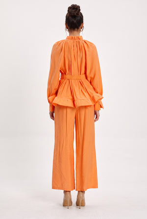 Ruffle Detailed Belted Blouse Trousers Set Orange