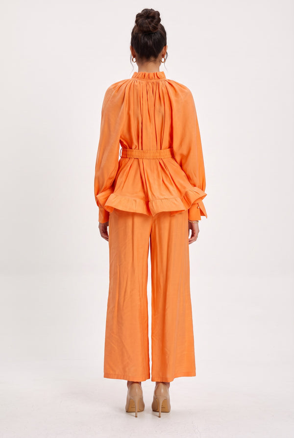 Ruffle Detailed Belted Blouse Trousers Set Orange