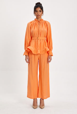 Ruffle Detailed Belted Blouse Trousers Set Orange