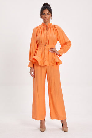 Ruffle Detailed Belted Blouse Trousers Set Orange