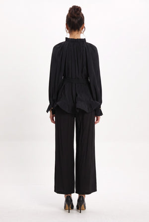 Ruffle Detailed Belted Blouse and Pants Set Black