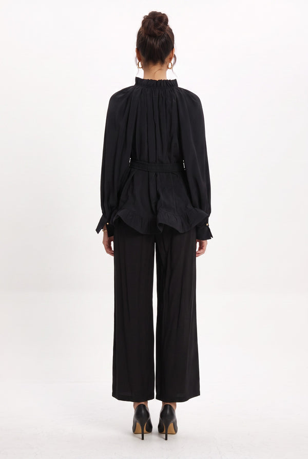 Ruffle Detailed Belted Blouse and Pants Set Black