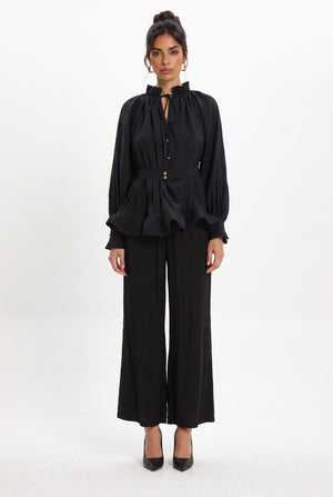 Ruffle Detailed Belted Blouse and Pants Set Black
