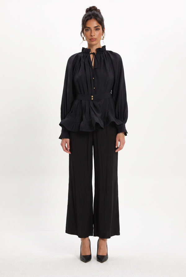 Ruffle Detailed Belted Blouse and Pants Set Black