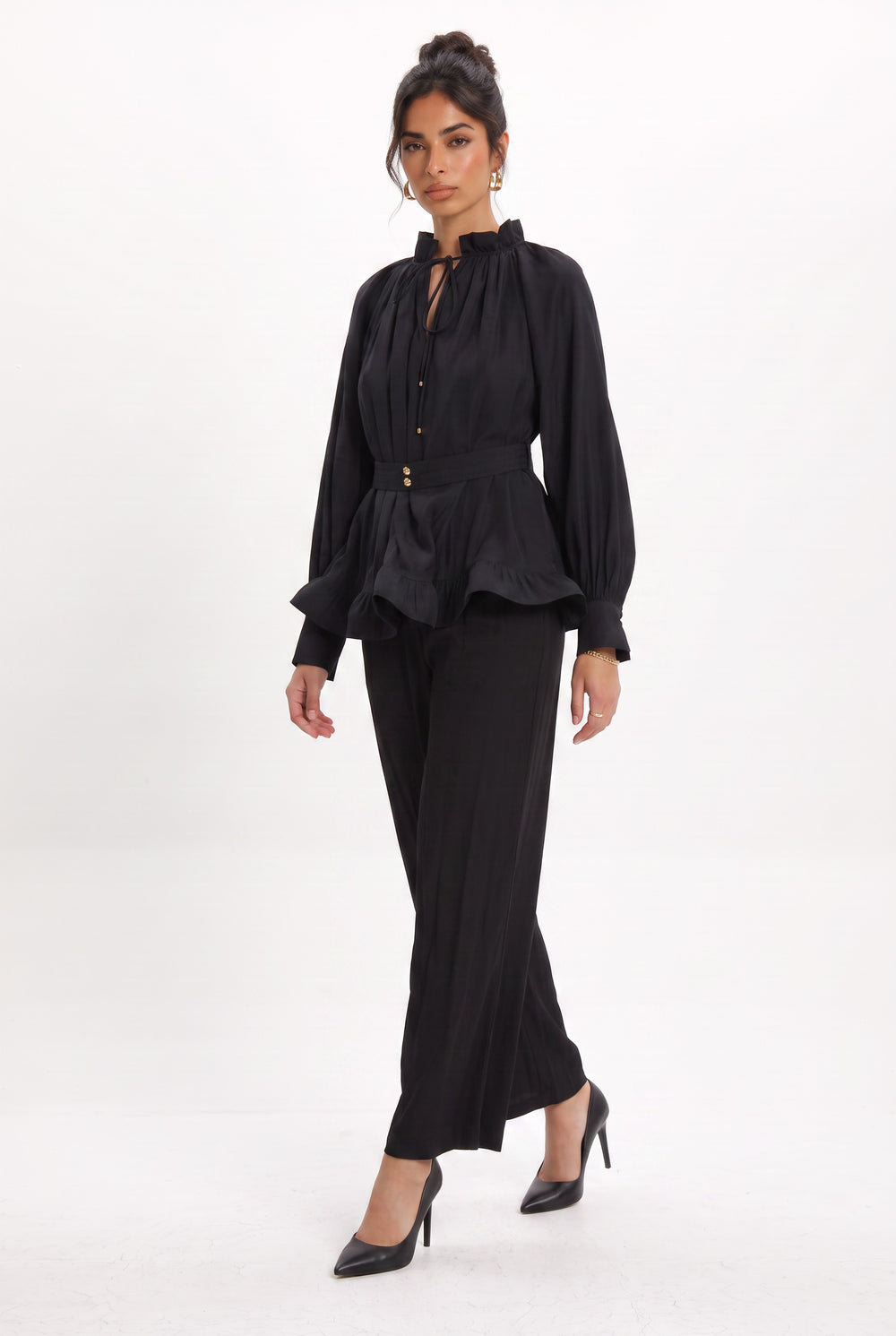 Ruffle Detailed Belted Blouse and Pants Set Black