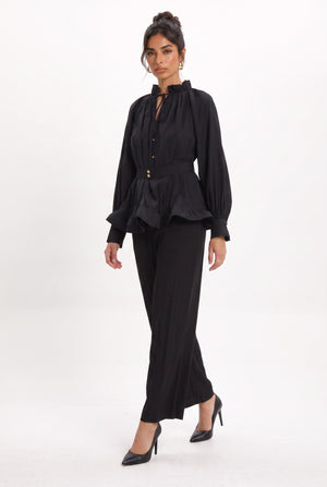 Ruffle Detailed Belted Blouse and Pants Set Black