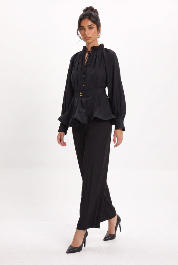 Ruffle Detailed Belted Blouse and Pants Set Black