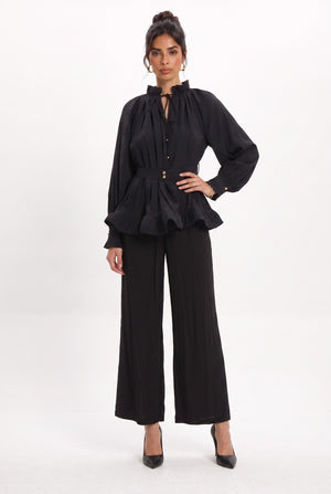 Ruffle Detailed Belted Blouse and Pants Set Black