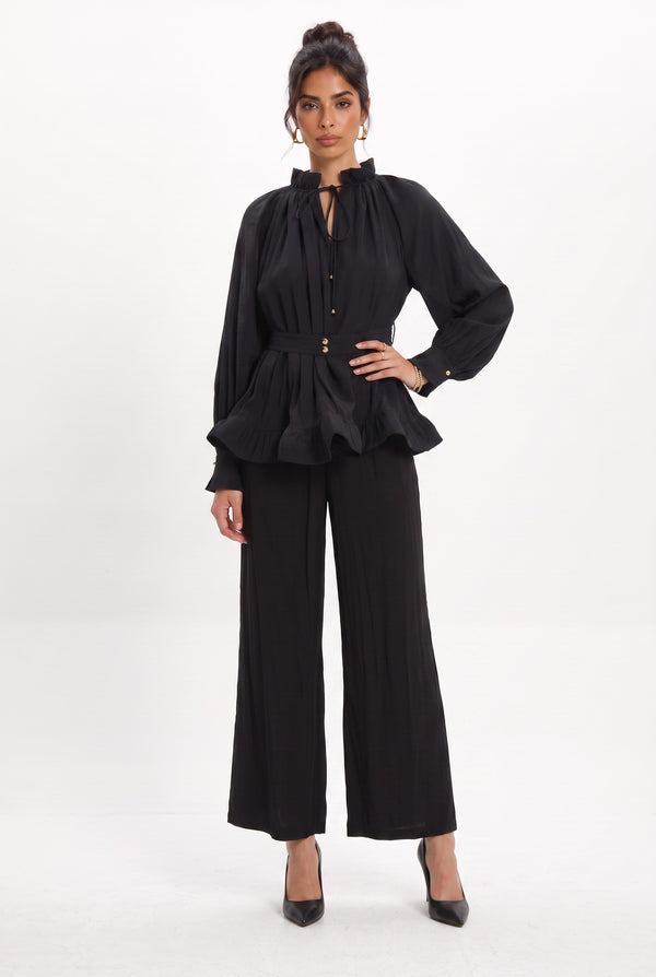 Ruffle Detailed Belted Blouse and Pants Set Black