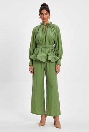 Ruffle Detailed Belted Blouse and Pants Set Green