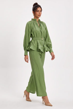 Ruffle Detailed Belted Blouse and Pants Set Green
