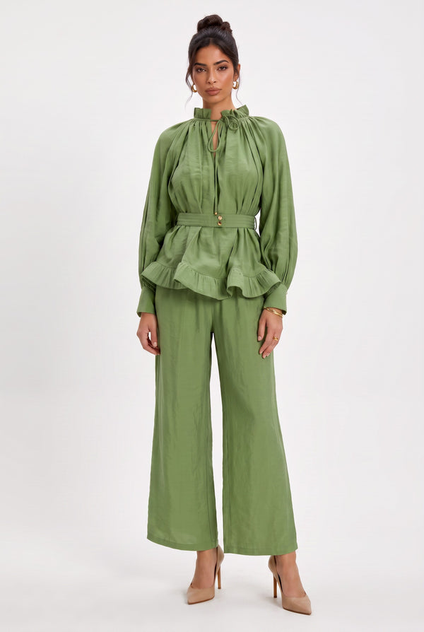 Ruffle Detailed Belted Blouse and Pants Set Green