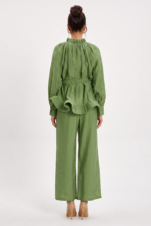 Ruffle Detailed Belted Blouse and Pants Set Green