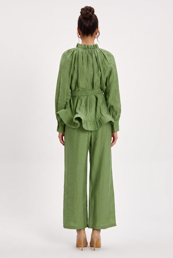 Ruffle Detailed Belted Blouse and Pants Set Green