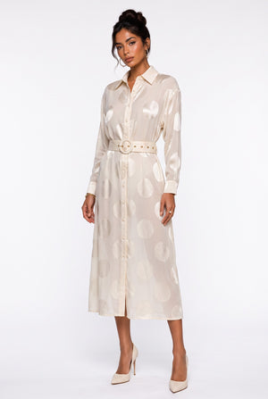Shirt Collar Polka Dot Belted Midi Dress Beige