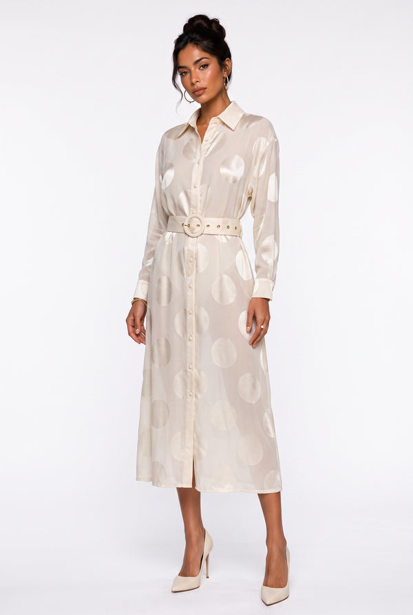 Shirt Collar Polka Dot Belted Midi Dress Beige