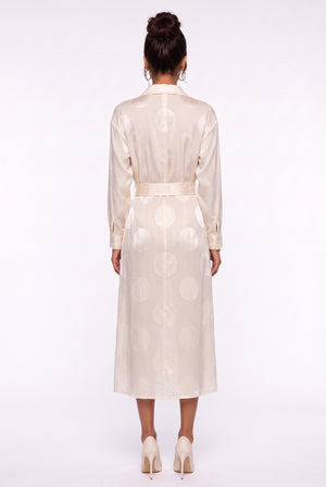 Shirt Collar Polka Dot Belted Midi Dress Beige