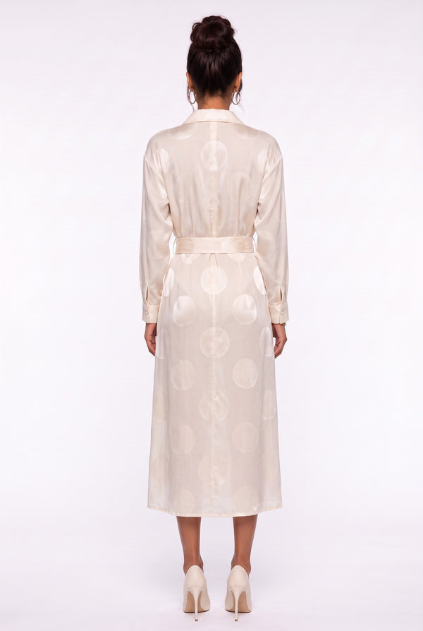 Shirt Collar Polka Dot Belted Midi Dress Beige