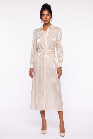 Shirt Collar Polka Dot Belted Midi Dress Beige