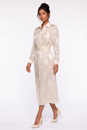 Shirt Collar Polka Dot Belted Midi Dress Beige