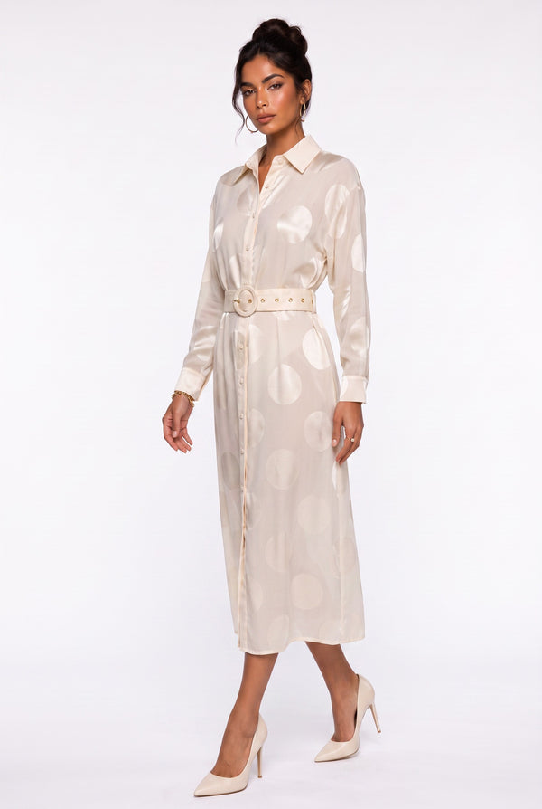 Shirt Collar Polka Dot Belted Midi Dress Beige