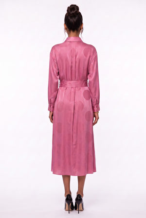 Shirt Collar Polka Dot Belted Midi Dress Fuchsia