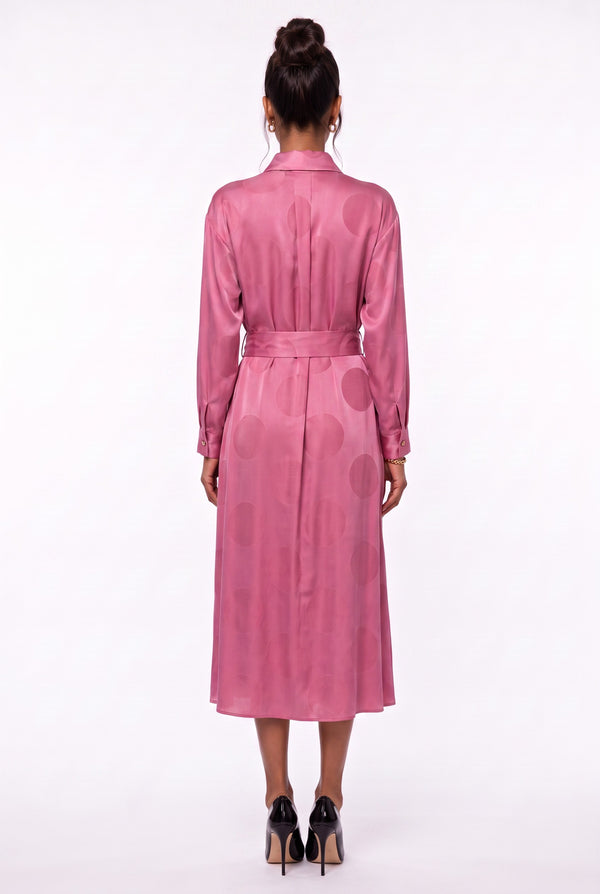 Shirt Collar Polka Dot Belted Midi Dress Fuchsia