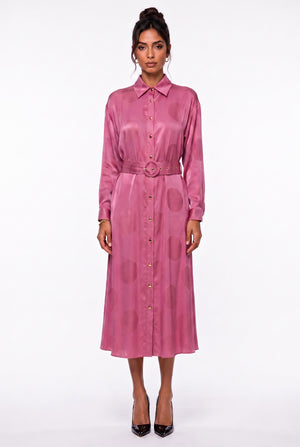 Shirt Collar Polka Dot Belted Midi Dress Fuchsia