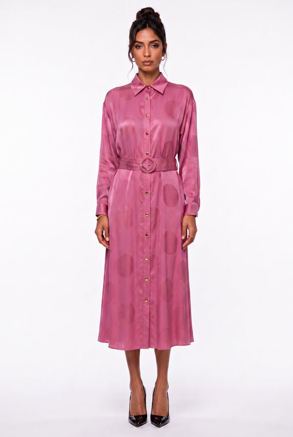 Shirt Collar Polka Dot Belted Midi Dress Fuchsia