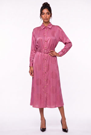 Shirt Collar Polka Dot Belted Midi Dress Fuchsia